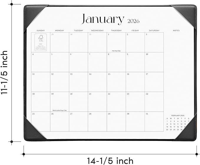 Cabbrix Desk Calendar 2026 with Desktop Mat, Simplified Medium Desk Pad Calendar 15" x 12" January 2026 to June 2027, Desk Blotter Calendar for Home School and Office (Dark Black)