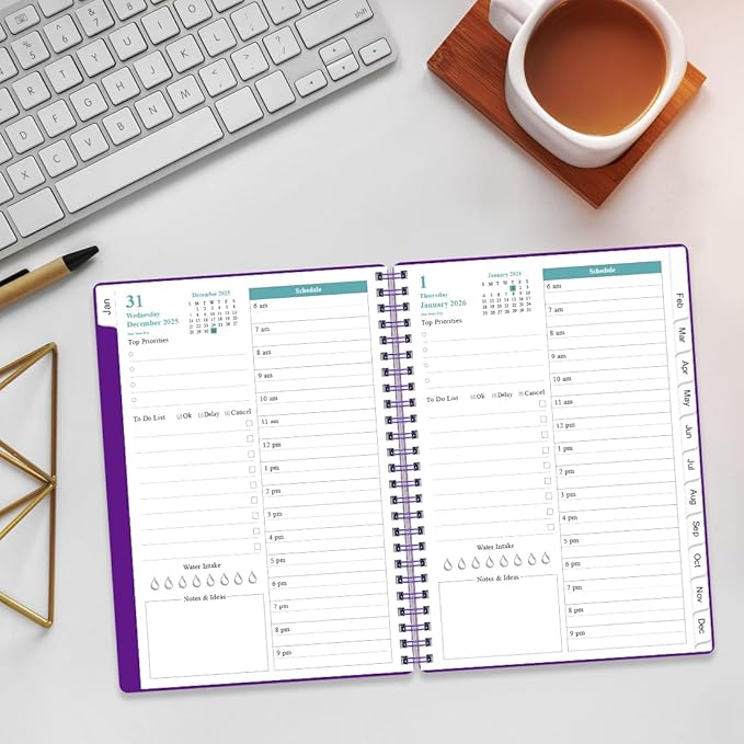 Daily Planner 2026 Full Page Per Day- 2026 Daily & Monthly Planner from January 2026 to December 2026, Day Planner 2026 with 12 Months Tabs, 6.4" x 8,5", Purple