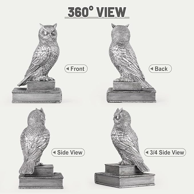 MXARLTR Owl Bookends, Book Ends for Shelves, Vintage Resin Decorative Bookends with Anti-Slip Base for Books Lovers Home Office Decor Book Holder (Silver)