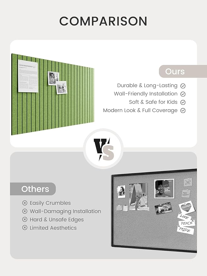 Bumusty Large Cork Board Alternative-36 x24 Felt Bulletin Board Tiles, with 30 Pushpins, 40 Adhesive Tabs, 6-Pack Slat Wall Paneling, Cork Boards for Office Push Pin Board Felt Board-Kelly Green