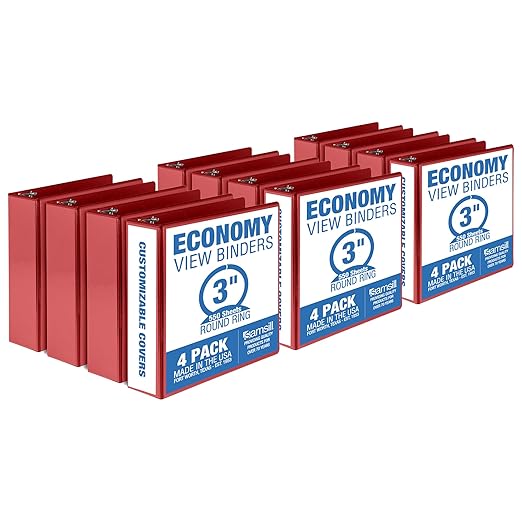 Samsill 3 Inch 3 Ring Binders, Made in USA, Economy Round Ring, Clear View Cover, 550 Sheet Capacity - for School, Home, Office - Red, 12 Pack