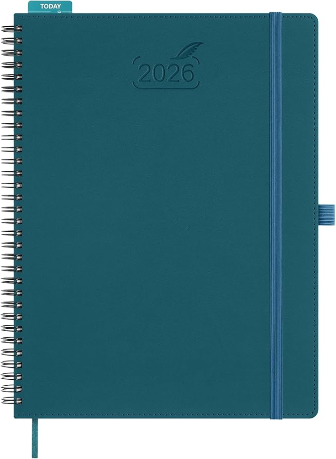 BEZEND 2026 Planner Weekly and Monthly (8.5" x 11" Spiral) Daily Calendar with Hourly Timeslots & Tab (Jan-Dec) Note & Expenses, Pen Holder, Inner Pocket, Vegan Leather Softcover - Dark Green