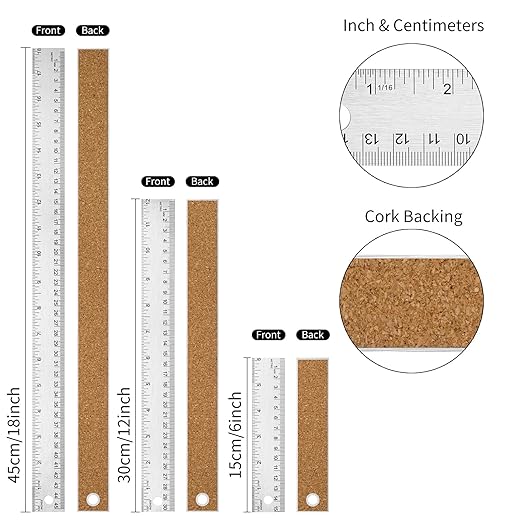 Metal Ruler with Cork Backing, 6+12+18 Inch Stainless Steel Rulers 6 Inch 12 Inch 18 inch Metal Ruler - Imperial and Metric - Non-Slip Prevent Ink Leakage - for School Office Engineering Tools