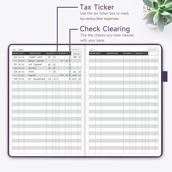 KUMEER Check Register – Elegant Check Registers for Personal Checkbook with Check & Transaction Registers, Hardcover Checkbook Log 5.2x7.6" (Purple)