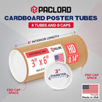 Paclord 3" x 6" Heavy-Duty Reinforced Cardboard Mailing Tube, Pack of 4 Tubes with 8 Caps – Secure USPS Approved – Great for Shipping and Storing of Prints, Artwork, Posters or Documents