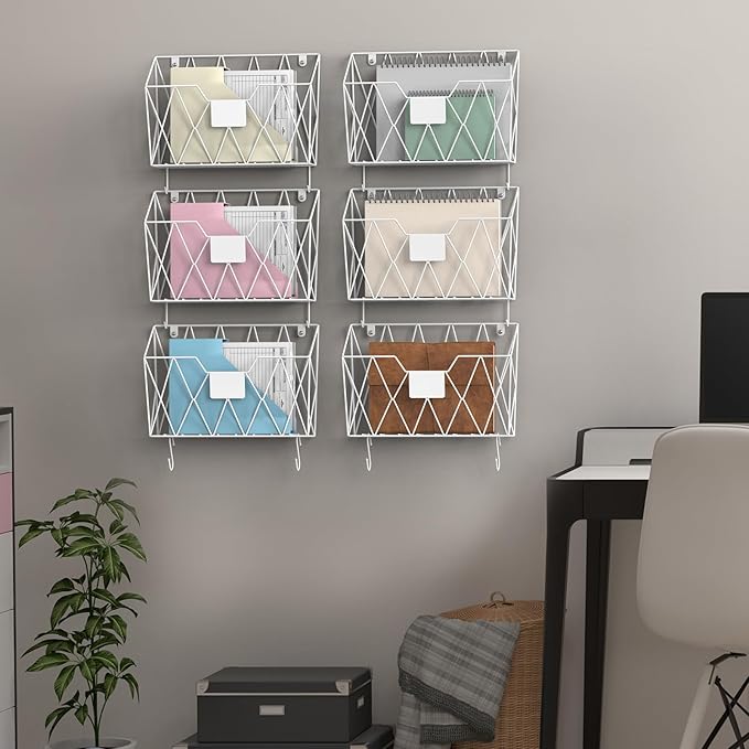CADUKE 6 Pack Hanging Wall File Organizer Mesh Folder Holder Mail Magazine Organizer Wall Mounted with Hooks & Label Panels for Office Home, White