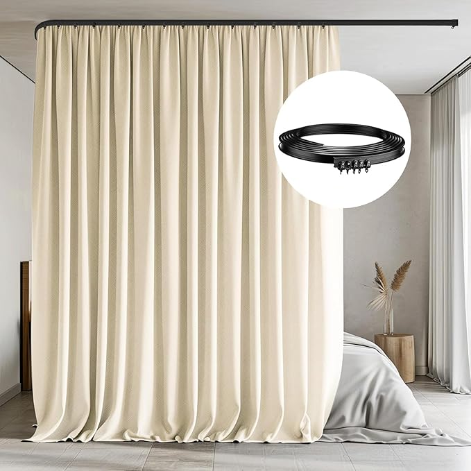 MaKefeile Room Divider Curtains with Flexible Ceiling Tracks Set,Blackout Curtain Ceiling Mount Curtain Track Privacy Room Dividers Ceiling Track Curtain Rod(Beige Drape & Black Rail W 12.5 × H 7 FT)