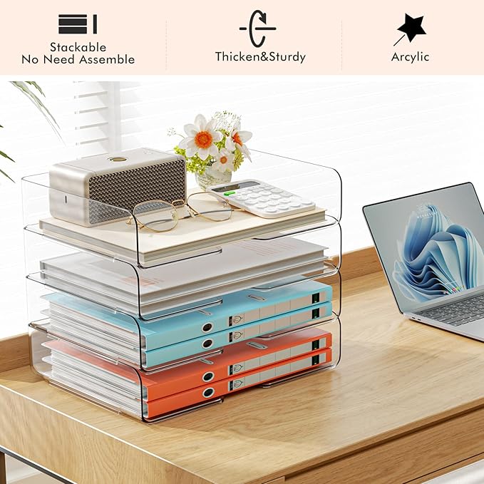 StorBin 4 Trays Paper Organizer Letter Tray, Acrylic Stackable Desk File Organizer, Clear Office Desk Organizer for File Paper, Ipad, Letter, A4 Office File, Books, Notes