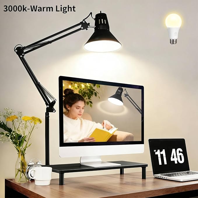2 Pack LED Desk Lamp With Clamp for Office Home, Eye-Caring Desk Light with 360°Adjustable Extra Tall Metal Swing Arm, High Intensity Clamp w/A19 E26 Bulb for Working Reading, Table Lamps White/Warm