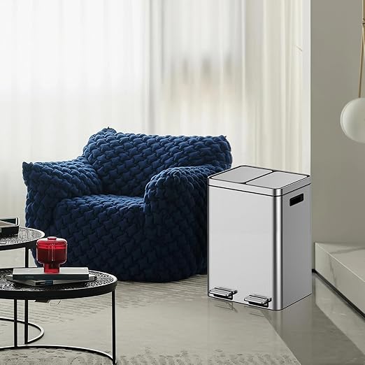 OUTLANE 40L Stainless Steel Dual Compartment Trash Bin, Step Pedal, Silent Soft Close, Removable Buckets, Fingerprint Proof, Home/Office Waste Separator, 37.6x42.8x58.9cm