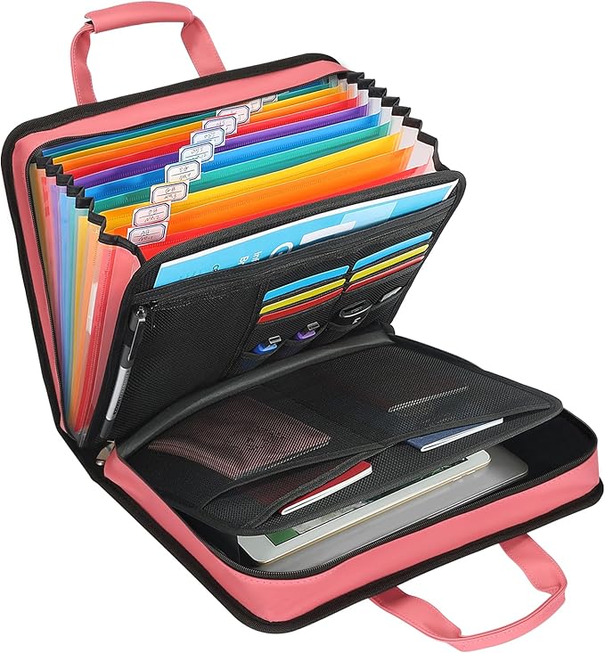 SEEKIND PU Leather Accordion File Organizer with Handle & Strap，12 Pockets Expanding File Folder with Zipper & Labels，Portable Document Organizer File for Letter A4 Files