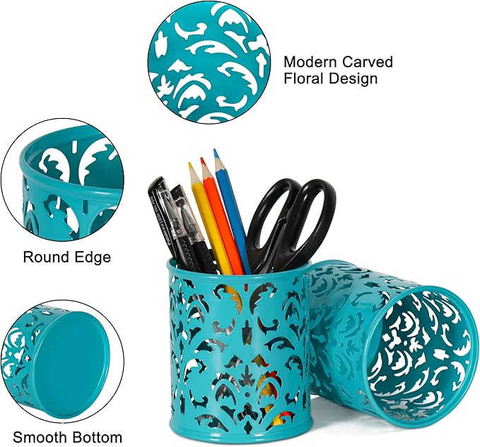 EasyPAG Teal Pen Holder for Desk, 2 Pack Round Pen Organizer, Brush Holder for Vanity, Metal Pencil Cup Organizer for Home, Office, Classroom, School