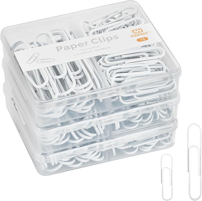 NEEWAY Colorful Paper Clips Assorted Sizes, Small and Large Paperclips, 210 Count, 3 Pack of 70 (White)