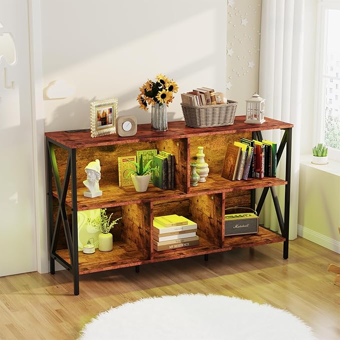Horizontal Bookshelf,Industrial Modern 5 Cube Low Wide Cubby Bookcase with led Light,Long Wood and Metal Storage Organizer Open Shelf, Book Shelf Bedroom Storage for Home Office Living Room(Brown)