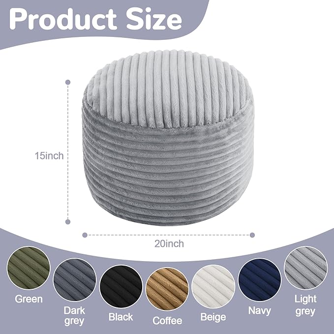 MeMoreCool Stuffed Round Pouf Ottoman Foot Rest, Soft Plush Floor Pouf Foot Stool, Corduray Footstool Footrest, Small Round Ottoman for Living Room Couch Sofa Chair, 20x15 Inch Grey