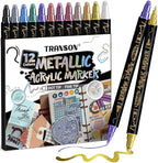TRANSON 12Colors Metallic Paint Markers Bold and Fine Dual-tip for Rock Wood Ceramic Canvas DIY Painting Drawing