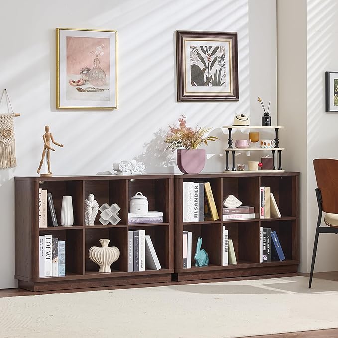 Joaxswe 6 Cube Storage Bookcase, 40" Wide Low Horizontal Book Shelf with Curved Edge, Wood Floor Standing 2-Tier Bookshelf with Base, Farmhouse Short Book Case for Bedroom, Living Room, Office, Walnut