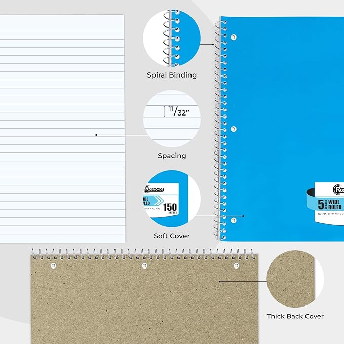 Rosmonde 720 Packs (Pallet) 5 Subject Notebooks, Spiral Notebook Bulk, Wide Ruled, 150 Sheets (300 pages), 8 x 10-1/2", Pallet of Notebooks, Bulk Spiral Notebooks for School & Office, 4-7 Days Transit