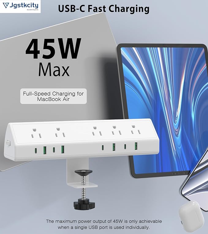 45W Fast Charging Station,Desk Clamp Power Strip,4 PD USB-C Ports,5 AC Outlets,Surge Protector Power Strip, 14AWG Heavy Duty Cord, Fits 1.9" Tabletop Edge (White, 20 FT Cable)
