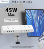 45W Fast Charging Station,Desk Clamp Power Strip,4 PD USB-C Ports,5 AC Outlets,Surge Protector Power Strip, 14AWG Heavy Duty Cord, Fits 1.9" Tabletop Edge (White, 20 FT Cable)