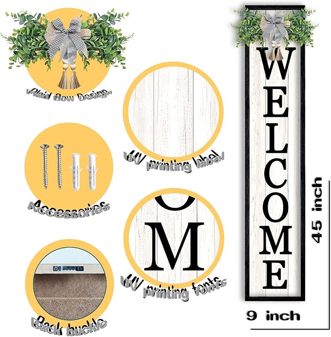 LuZhiQiang Front Porch for Welcome Standing Sign 45"X9" Vertical Tall Long Leaner Outdoor Front Door Wood Framed Decor (Black)