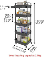 Calmootey 5-Tier Rolling Utility Cart with Drawer,Multifunctional Storage Organizer with Plastic Shelf & Metal Wheels,Storage Cart for Kitchen,Bathroom,Living Room,Office,Black