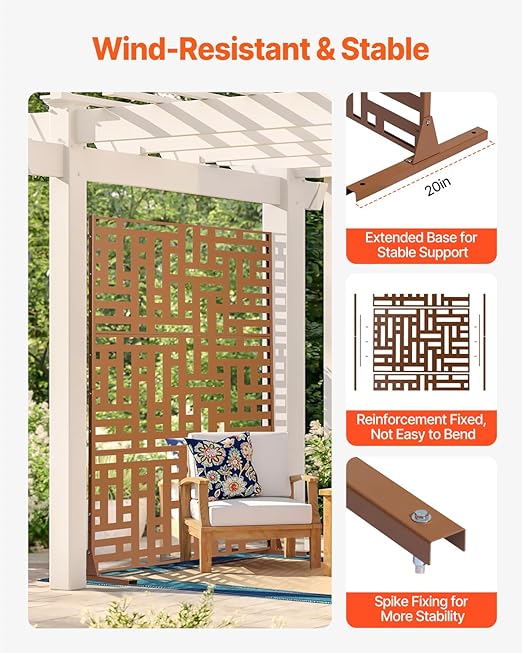 VEVOR Metal Privacy Screen, 47" W x 76" H, Outdoor Privacy Screens 3-Panel, Freestanding Outdoor Divider with Stand, Decorative Garden Steel Privacy Fence for Balcony Patio Indoor Room Hot Tub Brown
