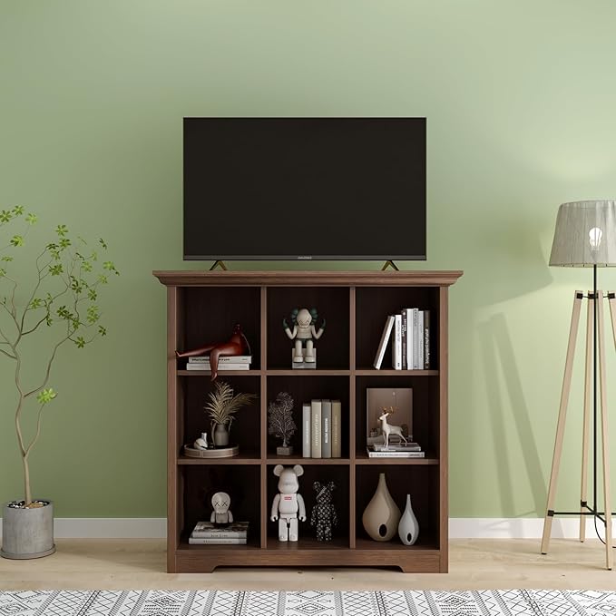 OSCHF Cube Shelf Bookcase with Base - Wooden 3 Tiers Floor Standing Low Storage Cabinet for Home and Office, 9-Cube Lattice Bookshelf, Walnut