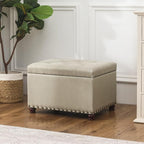 Decent Home 24" Storage Ottoman, Fabric Ottoman Foot Rest Stool with Hinged Lid, Tufted Rectangle Upholstered Footstool, Load up to 350 lb, for Living Room, Bedroom, Dorm, Beige, Bronze Rivets