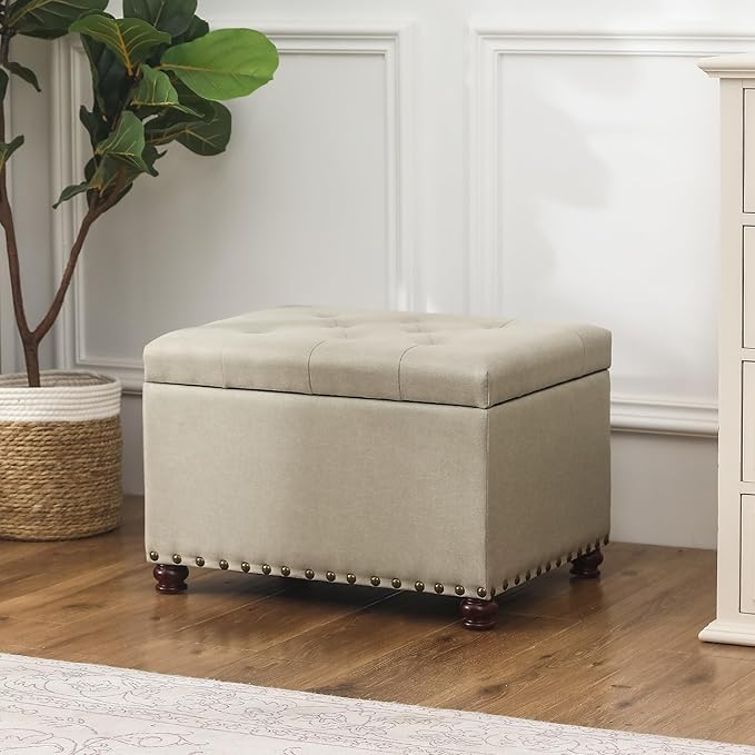 Decent Home 24" Storage Ottoman, Fabric Ottoman Foot Rest Stool with Hinged Lid, Tufted Rectangle Upholstered Footstool, Load up to 350 lb, for Living Room, Bedroom, Dorm, Beige, Bronze Rivets
