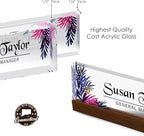 Artblox Personalized Office Desk Name Plate and Business Card Holder | Clear Acrylic Glass with Teak Wood Stand | Leaf Design Customized with Your Name and Credentials Office Desk Decor