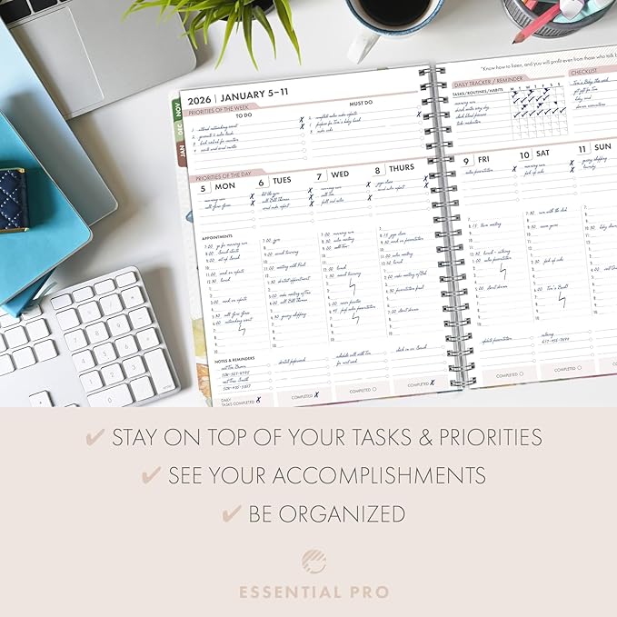 Essential PRO 2026 Daily, Weekly & Monthly Planner, 8.5"x11": 14 Months (Nov 2025 - Dec 2026) Monthly Tabs,Daily Tracking,Notes Pages,Storage Pocket,Bookmark w Sticky Notes (Watercolor Butterflies)