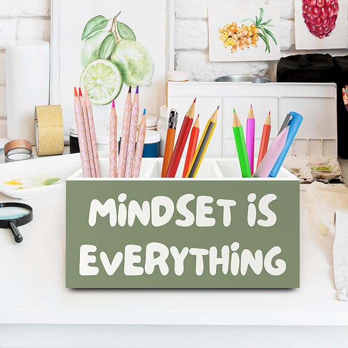 XPH Green Inspirational Pen Pencil Holder Organizer for Desk, Inspirational Gifts for Women, Mindset Is Everything Motivational Wooden Box Sign for Home Office Desk Tabletop Decorations