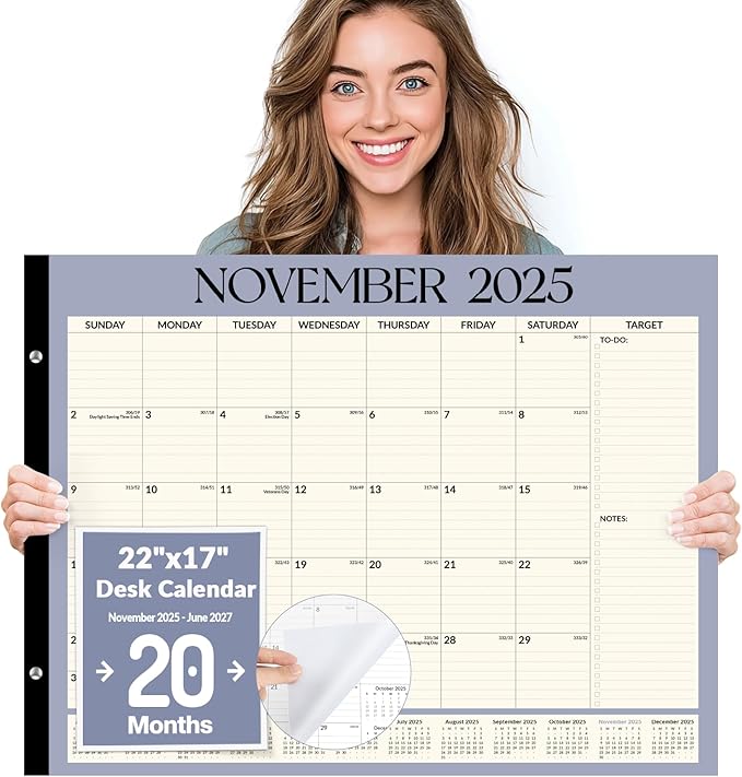 Forvencer 22" x 17" Large Desk Calendar 2026, 20 Months Calendar Runs from November 2025 to June 2027, 2026 Desk Calendar Monthly Planner with Plastic Cover for Home School Office, Soft Blue