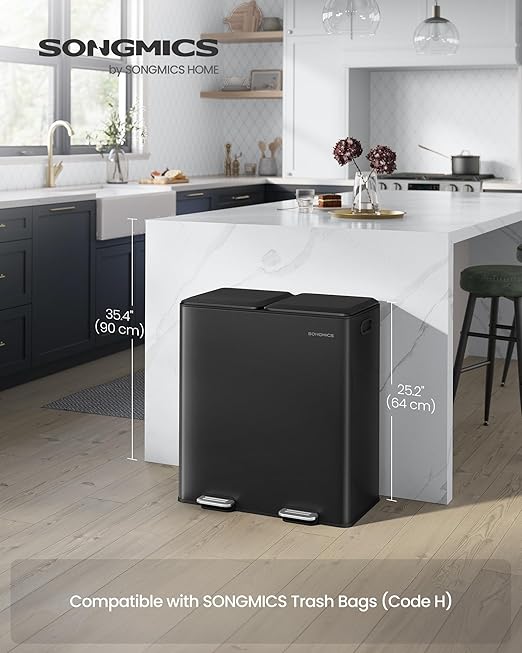 SONGMICS Trash Can, 2 x 8 Gallon (2 x 30 L) Double Garbage Can with Soft-Close Lids, Removable Inner Buckets, Pedals, Stainless Steel, for Waste and Recycling, Ink Black ULTB743B01