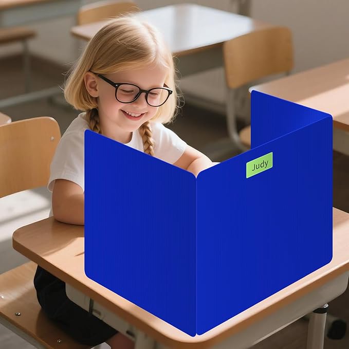 2 Pack Blue Desk Dividers for Students, Privacy Shields Folder for Students, Durable & Waterproof Plastic Study Board, Classroom Teacher Supplies Test Divider, Includes Extra Labels