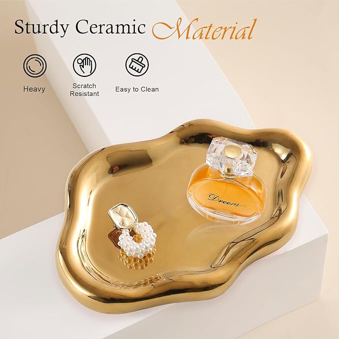 CCINPPY Ceramic Jewelry Tray Trinket Dish, Decorative Cloud Vanity Key Tray for Women, Ring Holder Dish, Cute Jewelry Plate Bowl Room Decor Aesthetic, Gold, Large