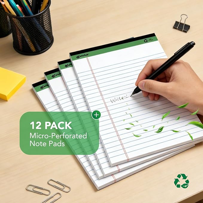 KAISA Legal Notepads 8.5"x11.75"，12pads note pads Writing Pads Recycled Paper, Wide Ruled Perforated 50 sheets Hard Back Notepads 8-1/2"x 11-3/4" Writing Tablet Canary For Office Supplies (Pack of 12pc) KSU-5293