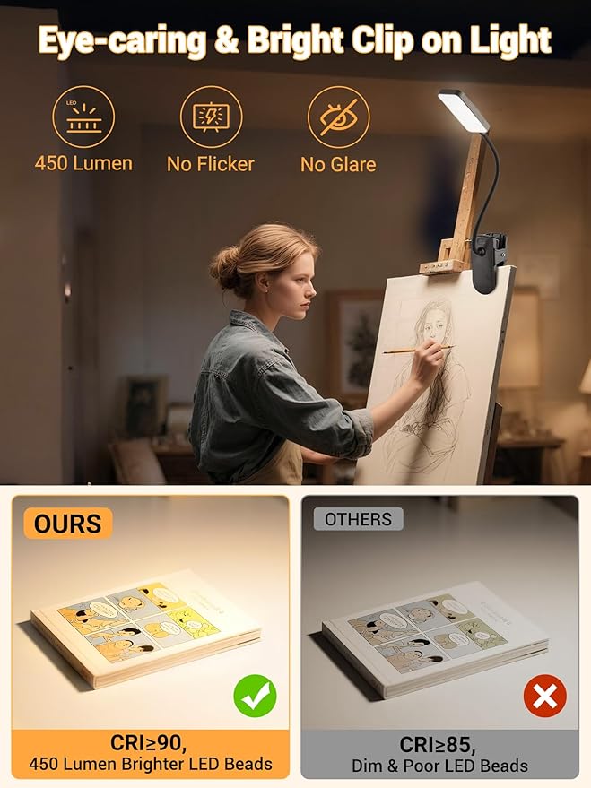 ReinHoo Clip on Light,9 Brightness+5 Color Rechargeable Desk Lamp,4000mAh Battery Operated Lights,450 Lumen 48 LED Desk Lamp with Clamp Light,Cordless Reading Lamps for Bed/Headboard/Bedside Table