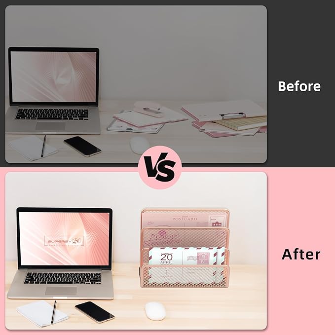 SUPEASY Mail Organizer for Desk, Mesh Metal Mail Holder Countertop with 3-Slot, Letter Sorter File Holder, Office Envelope Organizer for Mails (Rose Gold)