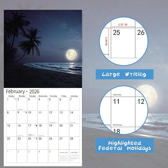 2026 Wall Calendar,Calendar 2026, November 2025 - December 2026, Wall Calendar Moon, 12" x 24" Opened,Full Page Months Thick & Sturdy Paper for Calendar Organizing & Planning