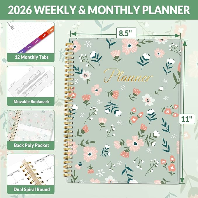 SUNEE 2026 Weekly and Monthly Planner - from January 2026 - December 2026, Daily Agenda Planner with Monthly Tab, Flexible Cover, Note Pages, Pockets, Bookmark, Spiral Binding, Green Wildflowers, 8.5"x11"