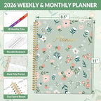 SUNEE 2026 Weekly and Monthly Planner - from January 2026 - December 2026, Daily Agenda Planner with Monthly Tab, Flexible Cover, Note Pages, Pockets, Bookmark, Spiral Binding, Green Wildflowers, 8.5"x11"