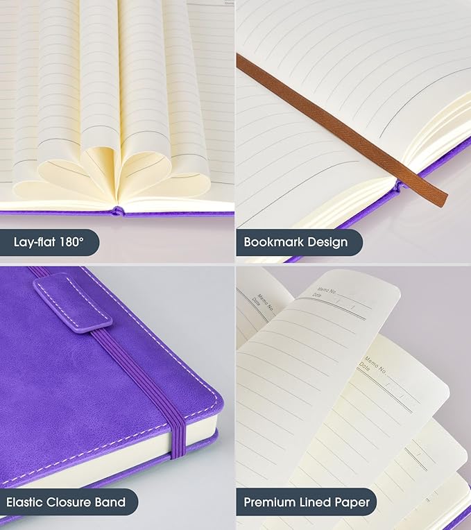 Biuwory Lined Journal Notebook for Women Men,256 Pages A5 Hardcover Leather Journals for Writing,Travel,Business,Work & School,College Ruled Notebooks for Note Taking,Diary Notepad 5.7"×8.3" purple