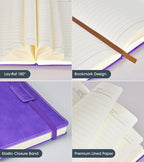 Biuwory Lined Journal Notebook for Women Men,256 Pages A5 Hardcover Leather Journals for Writing,Travel,Business,Work & School,College Ruled Notebooks for Note Taking,Diary Notepad 5.7"×8.3" purple