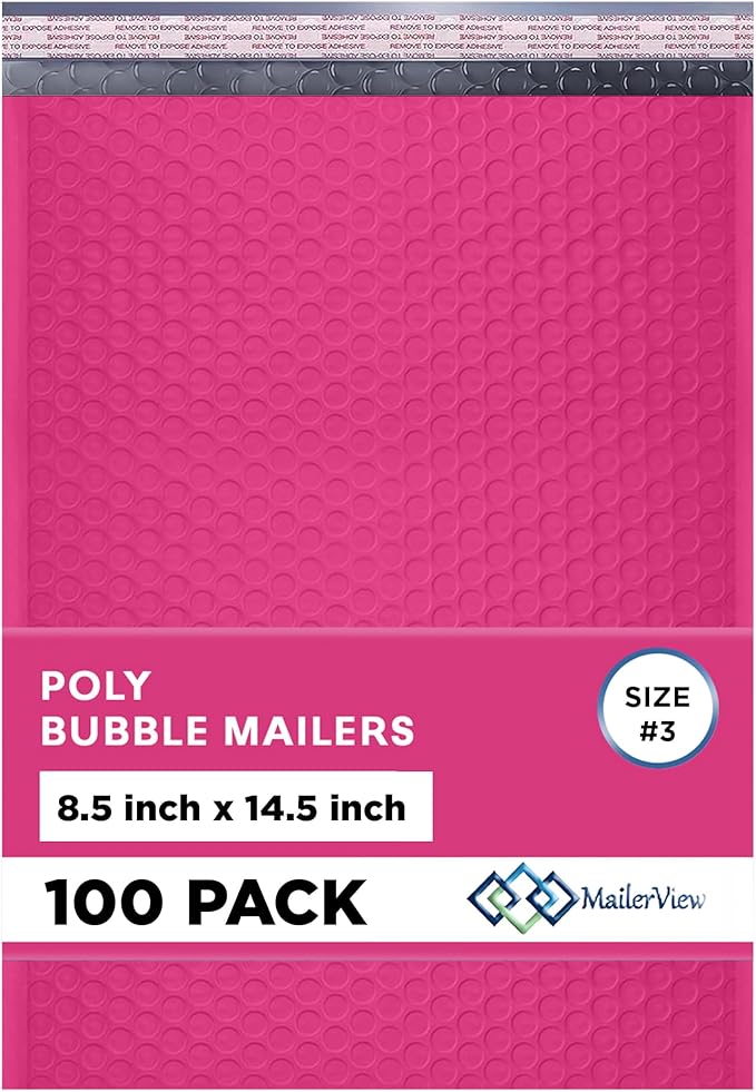 Hot Pink Poly Bubble Mailers 8.5x14.5 inch #3 | Self Seal Padded Envelopes | Cushioned Bubble Mailer | Usable Size 8.5x13.5 | WaterProof | Lightweight mailing Shipping Bags | 100 Pack Bulk