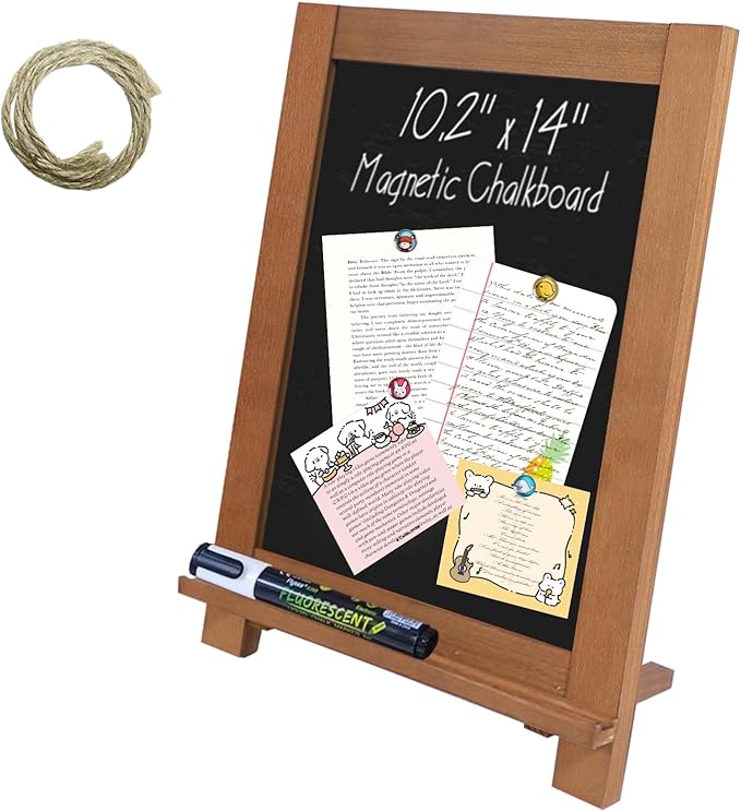 Newzealkids Tabletop Chalkboard Signs 10.2"x14" Magnetic Small Chalkboard Sign, Desktop Standing/Wall Hanging Blackboard with Liquid Chalk Marker, Wood Framed Menu Board for Kitchen, Café, Home Decor