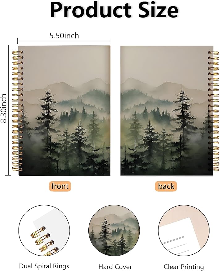 BitKan Nature Misty Forest Spiral Notebook, Rustic Pine Tree Journal, Green Forest Landscape Journal for Women, Nature Lovers Gifts for Women Notebook 5.5x8.3 Inch-392