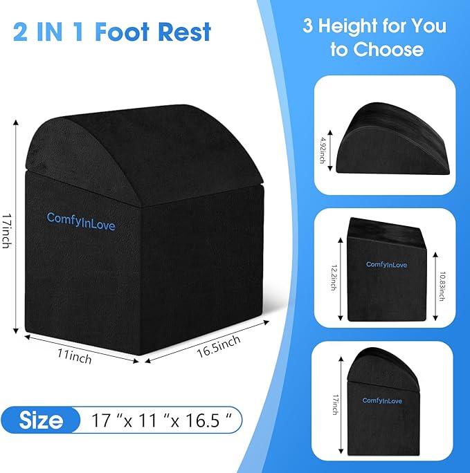 ComfyInLove Foot Rest for Under Desk at Work - Non-Slip Foot Stool with 3 Adjustable Heights, Ergonomic Under Desk Footrest with Washable Cover for Desk, Home, Office, Car (Black)