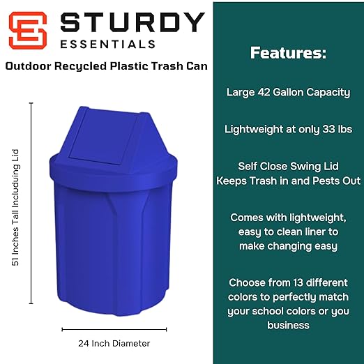 Sturdy Essentials 42 Gallon Round 100% Recycled Plastic Indoor or Outdoor Commercial Trash Can with Easy Access Swing Top Lid | Great for Schools and Businesses - Blue
